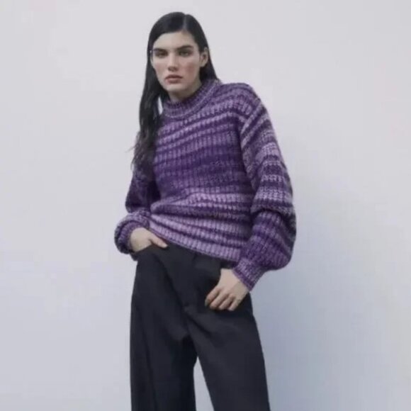 Stylish Zara Purple Striped Chunky Knit Mock Neck Pullover Sweater Size L - Picture 1 of 10